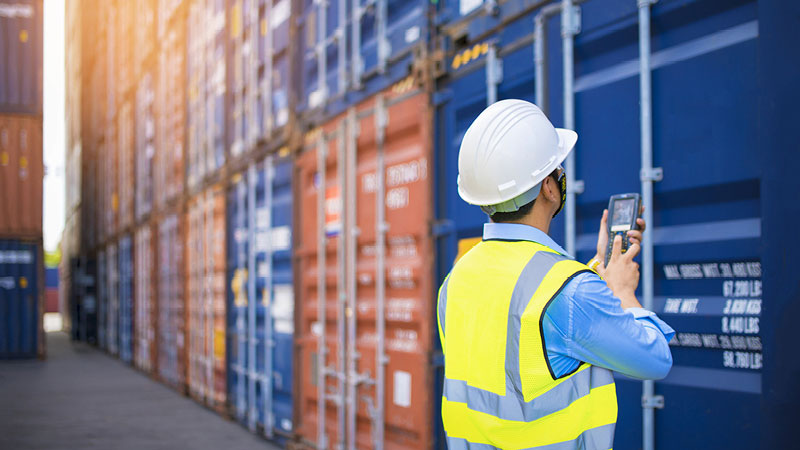 funcionario portuario inspeccionando contenedores