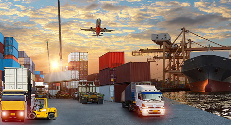 Shipping port with cargo plane flying overhead to promote emissions tech webinar